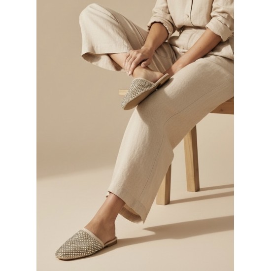 Γυναικεία Mules Crochet με Strass - Μπεζ