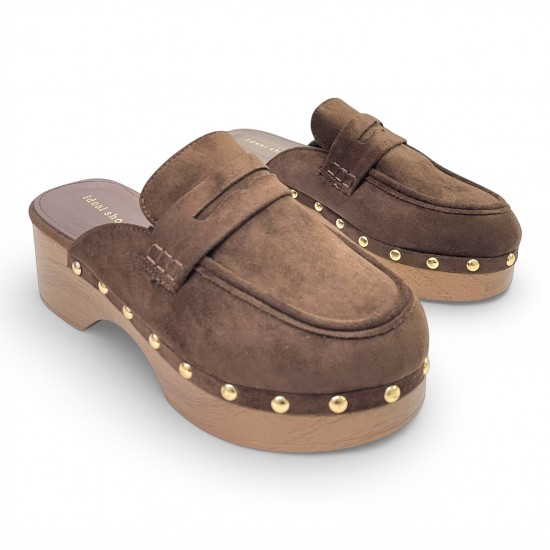 Suede Clogs Mules με Τρούκς – Καφέ