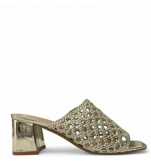 Γυναικεία Mules με Πλεκτή Φάσα & Τετράγωνο Τακούνι - Χρυσό