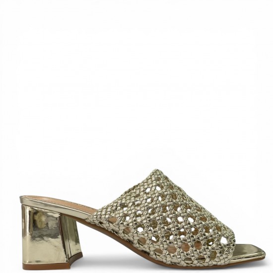 Γυναικεία Mules με Πλεκτή Φάσα & Τετράγωνο Τακούνι - Χρυσό