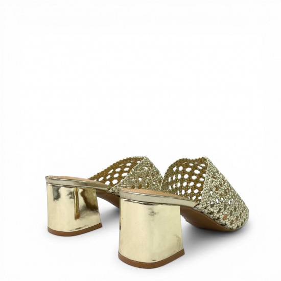 Γυναικεία Mules με Πλεκτή Φάσα & Τετράγωνο Τακούνι - Χρυσό