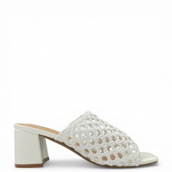 Γυναικεία Mules με Πλεκτή Φάσα & Τετράγωνο Τακούνι - Λευκό