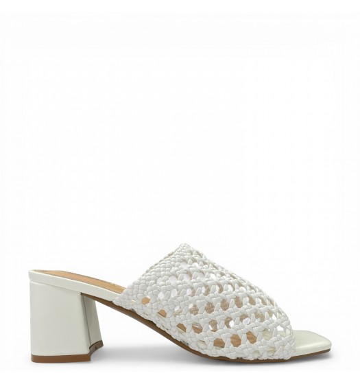 Γυναικεία Mules με Πλεκτή Φάσα & Τετράγωνο Τακούνι - Λευκό