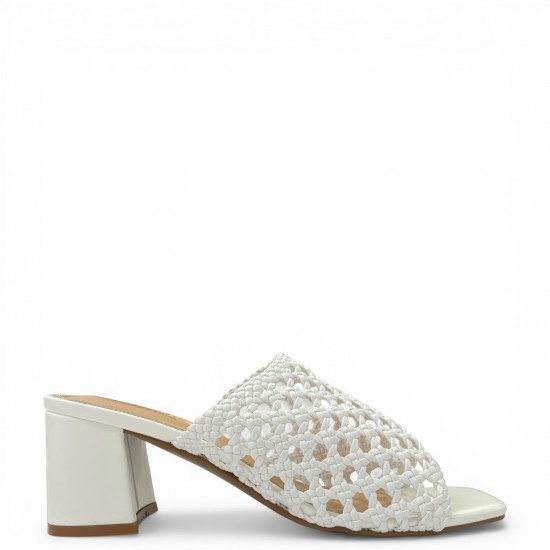 Γυναικεία Mules με Πλεκτή Φάσα & Τετράγωνο Τακούνι - Λευκό
