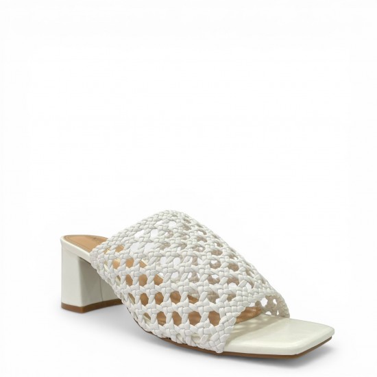 Γυναικεία Mules με Πλεκτή Φάσα & Τετράγωνο Τακούνι - Λευκό