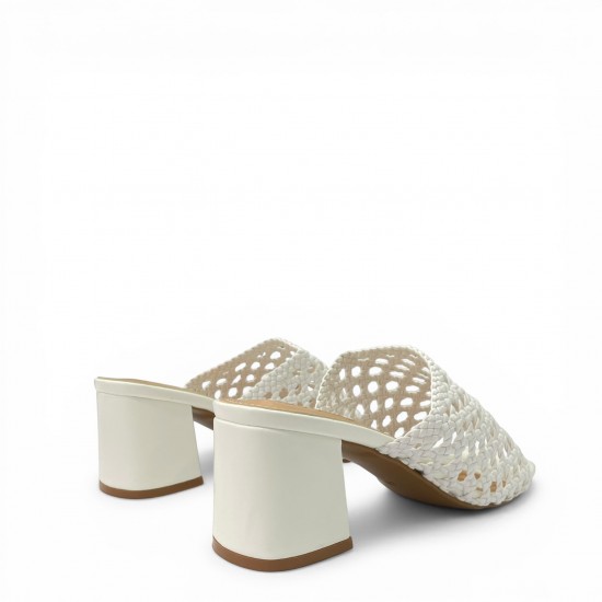 Γυναικεία Mules με Πλεκτή Φάσα & Τετράγωνο Τακούνι - Λευκό