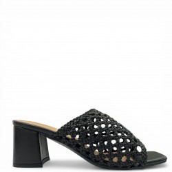 Γυναικεία Mules με Πλεκτή Φάσα & Τετράγωνο Τακούνι - Μαύρο