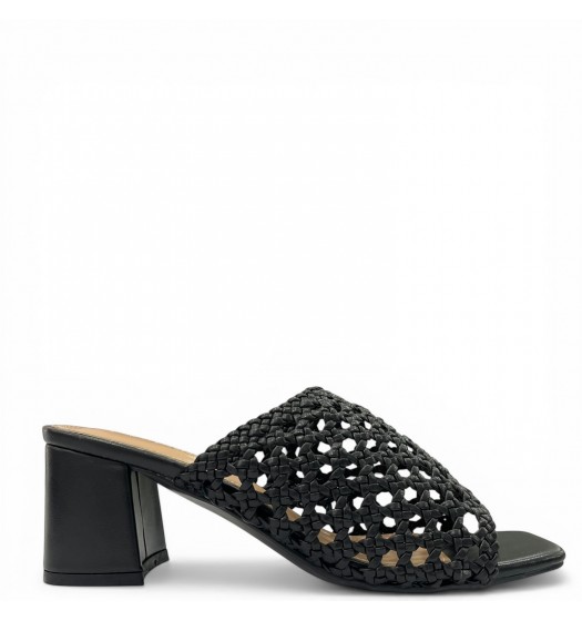 Γυναικεία Mules με Πλεκτή Φάσα & Τετράγωνο Τακούνι - Μαύρο