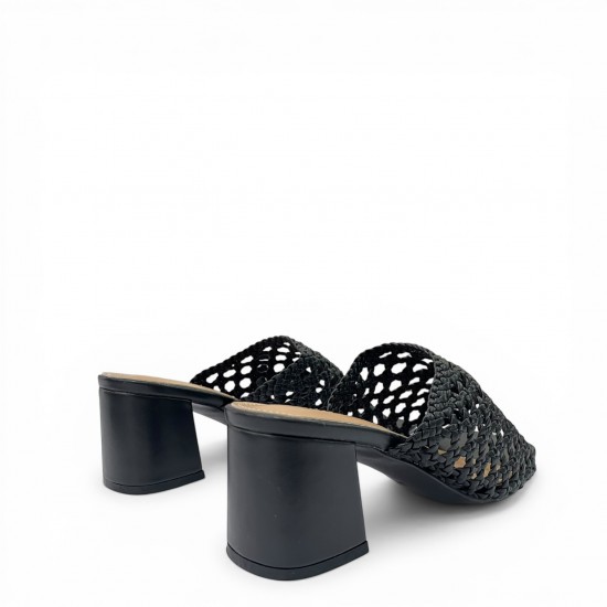 Γυναικεία Mules με Πλεκτή Φάσα & Τετράγωνο Τακούνι - Μαύρο