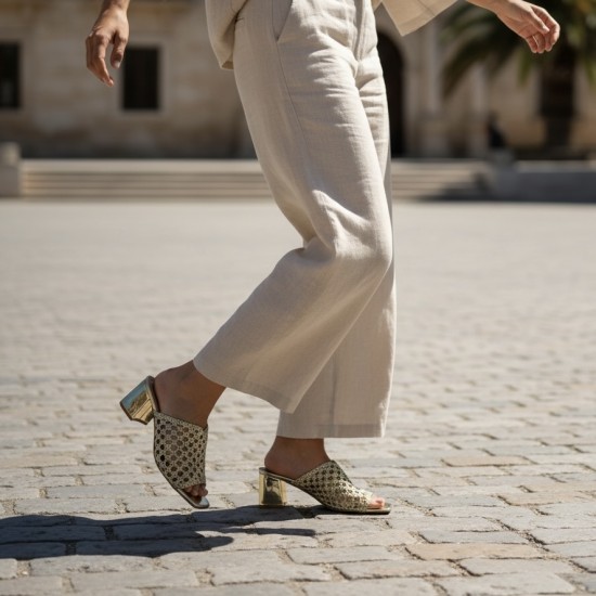 Γυναικεία Mules με Πλεκτή Φάσα & Τετράγωνο Τακούνι - Χρυσό