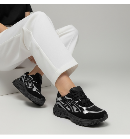 Chunky Sneakers Μαύρο Mesh με Metallic Silver