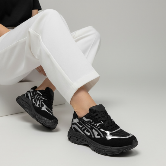Chunky Sneakers Μαύρο Mesh με Metallic Silver