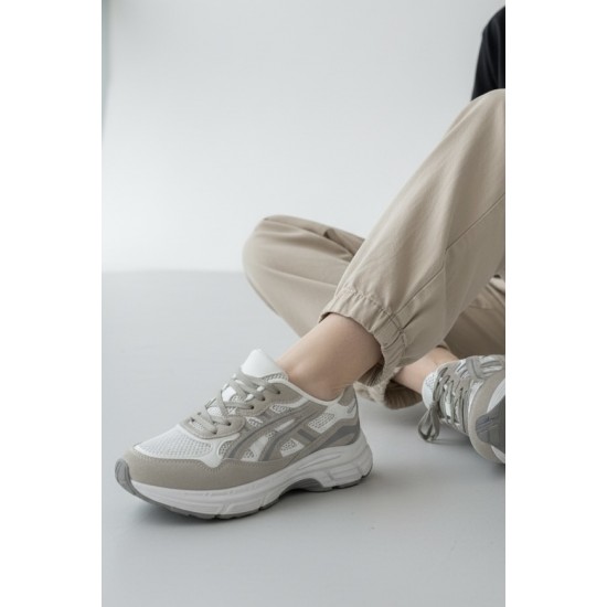 Chunky Sneakers Beige/Off-White με Suede Επενδύσεις & Mesh