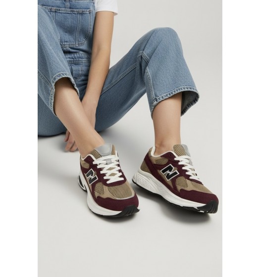 Γυναικέια Sneakers σε Μπορντό με καφέ λεπτομέρειες