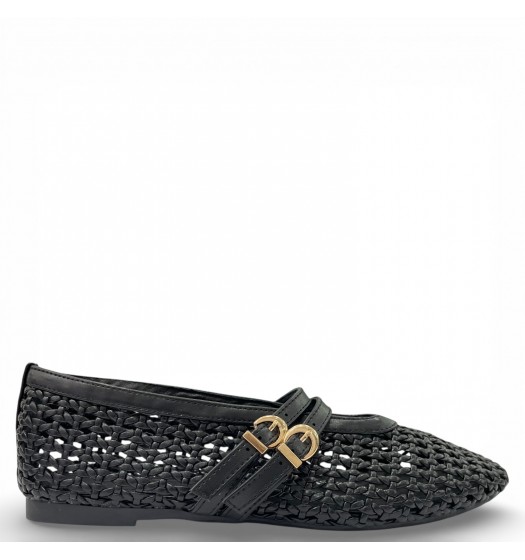 Πλεκτές Μπαλαρίνες Mary Jane με Διπλό Λουράκι - Μαύρο
