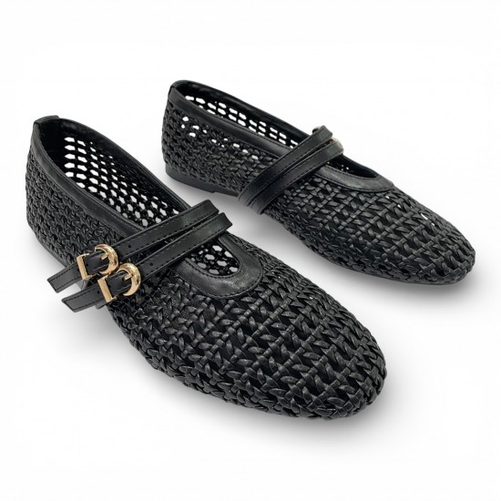 Πλεκτές Μπαλαρίνες Mary Jane με Διπλό Λουράκι - Μαύρο