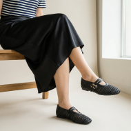 Πλεκτές Μπαλαρίνες Mary Jane με Διπλό Λουράκι - Μαύρο