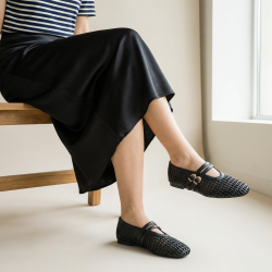 Πλεκτές Μπαλαρίνες Mary Jane με Διπλό Λουράκι - Μαύρο