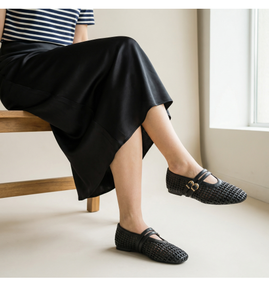 Πλεκτές Μπαλαρίνες Mary Jane με Διπλό Λουράκι - Μαύρο