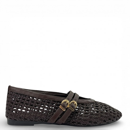 Πλεκτές Μπαλαρίνες Mary Jane με Διπλό Λουράκι - Καφέ