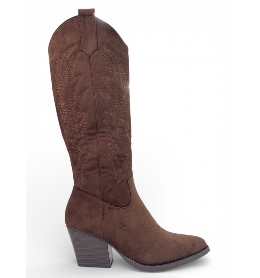 Suede Cowboy Μπότες με Κέντημα Καφέ