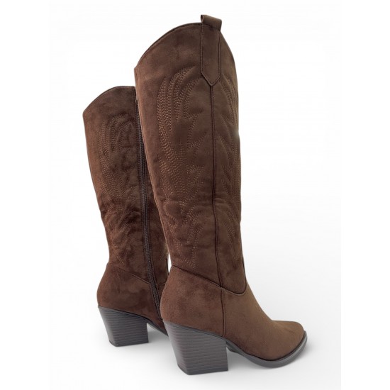 Suede Cowboy Μπότες με Κέντημα Καφέ