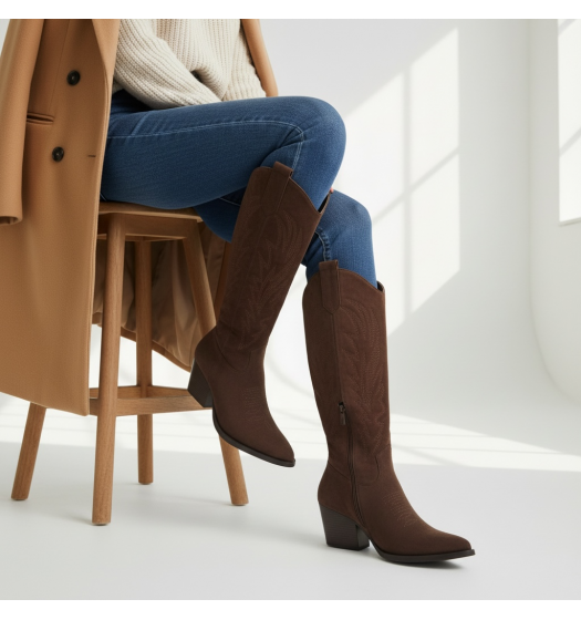 Suede Cowboy Μπότες με Κέντημα Καφέ