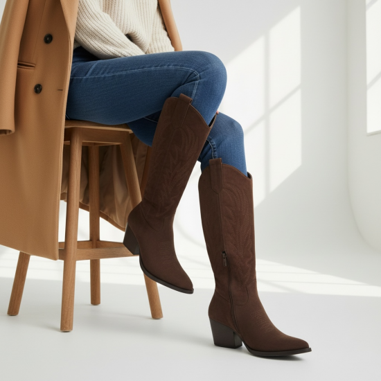 Suede Cowboy Μπότες με Κέντημα Καφέ