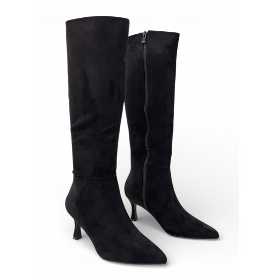 Suede Μπότες Μυτερές με Λεπτό Τακούνι–Μαύρο