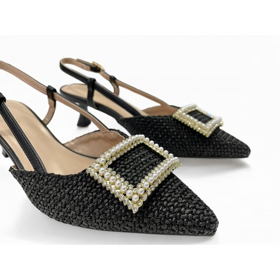 Open heel straw pumps in Black