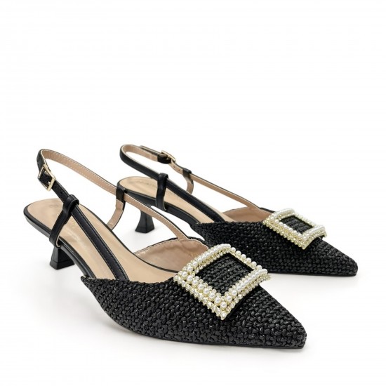 Open heel straw pumps in Black
