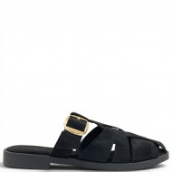 Suede Mules με Χρυσή Αγκράφα & Fisherman Σχέδιο-Μαύρο