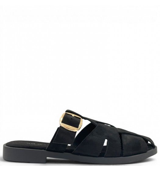 Suede Mules με Χρυσή Αγκράφα & Fisherman Σχέδιο-Μαύρο