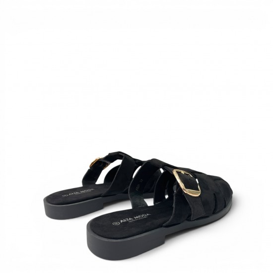 Suede Mules με Χρυσή Αγκράφα & Fisherman Σχέδιο-Μαύρο