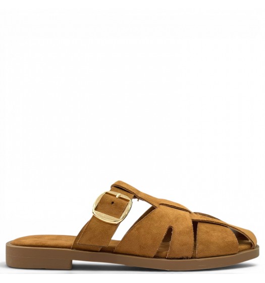 Suede Mules με Χρυσή Αγκράφα & Fisherman Σχέδιο-Κάμελ