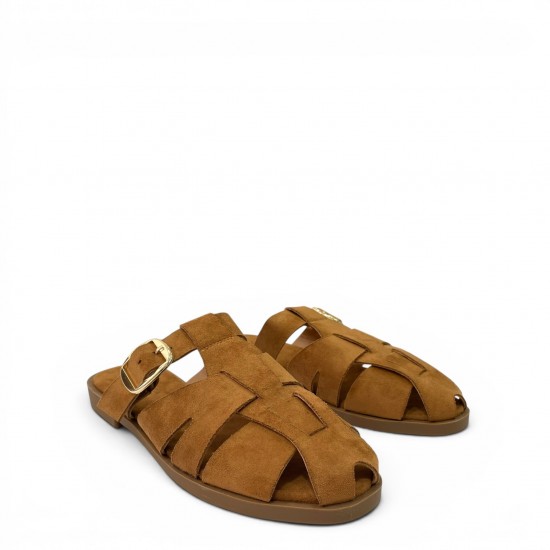 Suede Mules με Χρυσή Αγκράφα & Fisherman Σχέδιο-Κάμελ