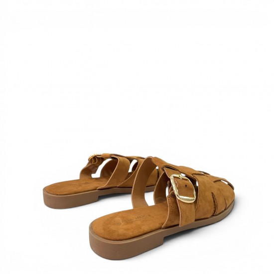 Suede Mules με Χρυσή Αγκράφα & Fisherman Σχέδιο-Κάμελ