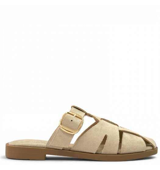 Suede Mules με Χρυσή Αγκράφα & Fisherman Σχέδιο-Μπέζ