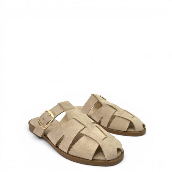 Suede Mules με Χρυσή Αγκράφα & Fisherman Σχέδιο-Μπέζ