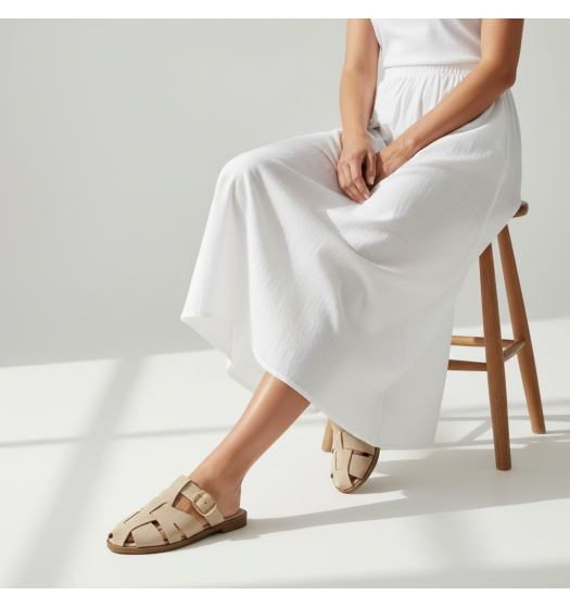 Suede Mules με Χρυσή Αγκράφα & Fisherman Σχέδιο-Μπέζ