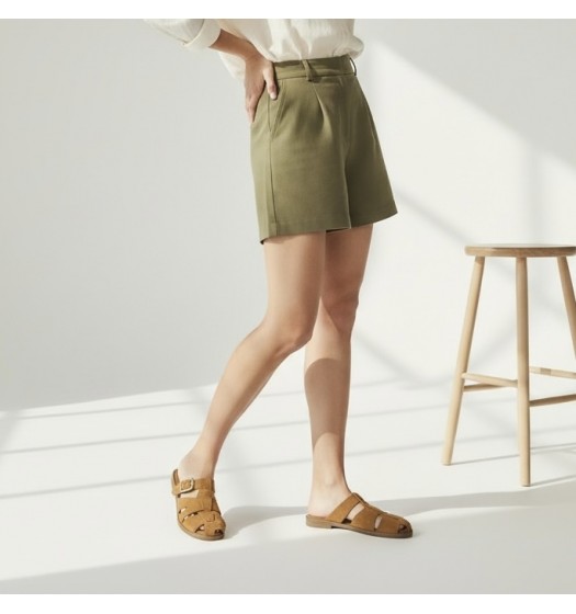 Suede Mules με Χρυσή Αγκράφα & Fisherman Σχέδιο-Κάμελ