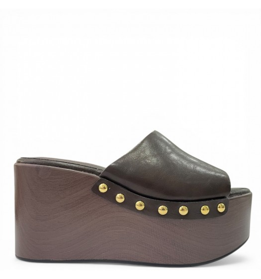Platform Mule με Ξύλινη Σόλα & Τρουκς – Καφέ