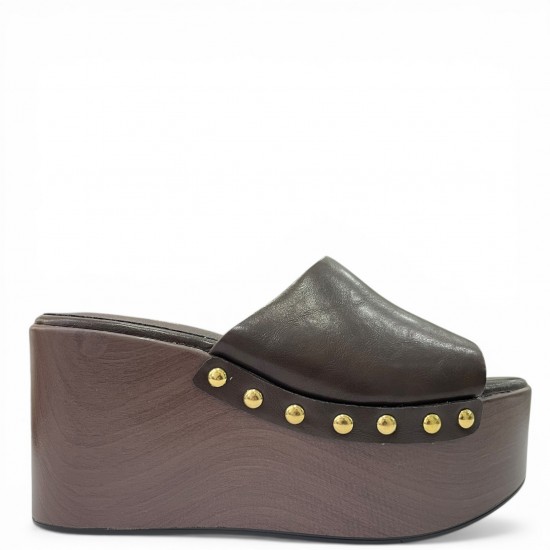 Platform Mule με Ξύλινη Σόλα & Τρουκς – Καφέ