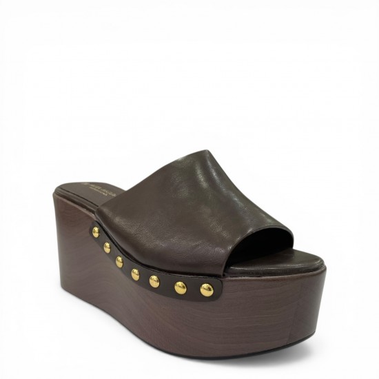 Platform Mule με Ξύλινη Σόλα & Τρουκς – Καφέ