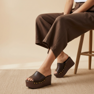 Platform Mule με Ξύλινη Σόλα & Τρουκς – Καφέ