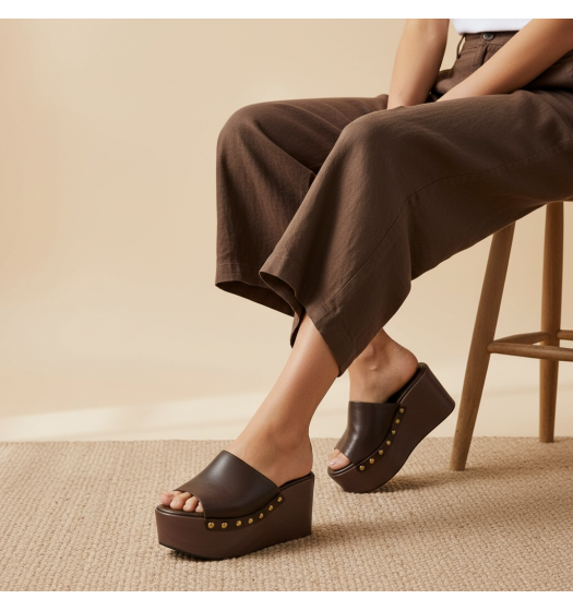 Platform Mule με Ξύλινη Σόλα & Τρουκς – Καφέ