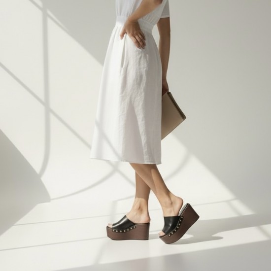 Platform Mule με Ξύλινη Σόλα & Τρουκς – Μαύρο