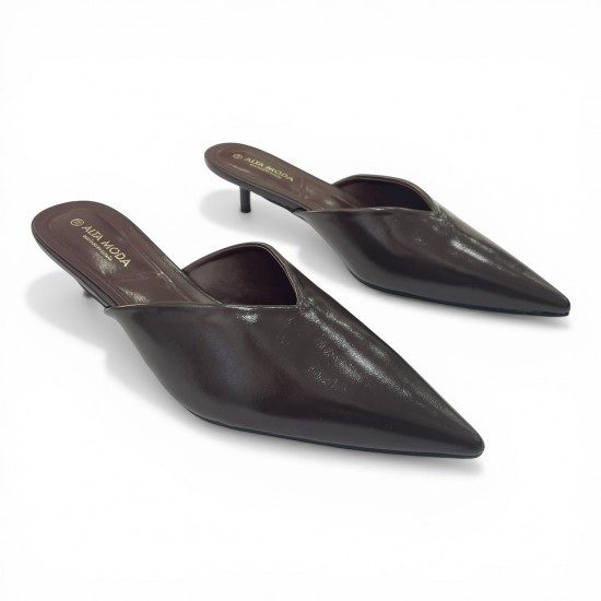 Δερμάτινα Mule με Μυτερή Μύτη και Kitten Heel - Καφέ