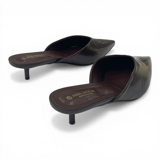 Δερμάτινα Mule με Μυτερή Μύτη και Kitten Heel - Καφέ