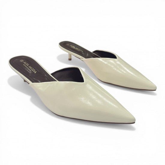 Δερμάτινα Mule με Μυτερή Μύτη και Kitten Heel - Μπέζ